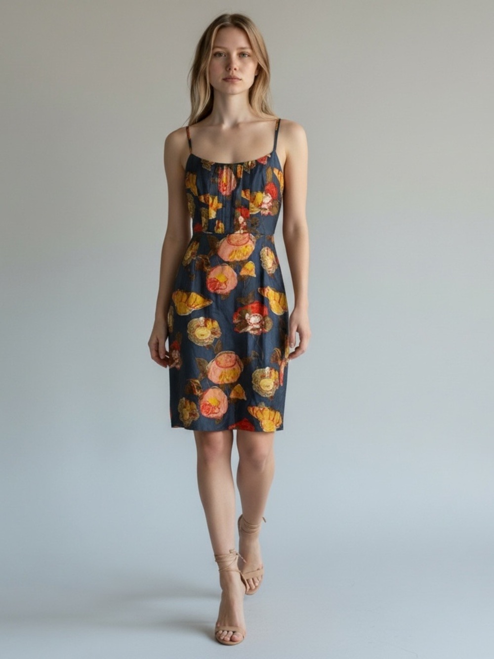 ANTHROPOLOGIE Maeve Silk Blue Floral Mini Dress Coral Buttons 6 Sundress Sun